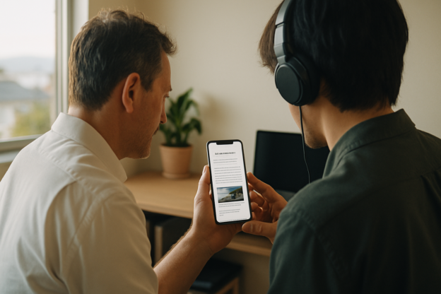 スマートフォンでAI検索の要約結果を一緒に確認する湘南の事業者と動画制作者