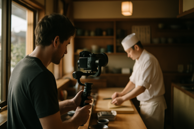 湘南の飲食店でミラーレスカメラを構えて撮影する制作者