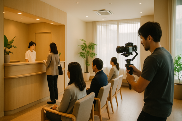 湘南のクリニックの明るい受付・待合室とさりげなく撮影する動画制作クルー