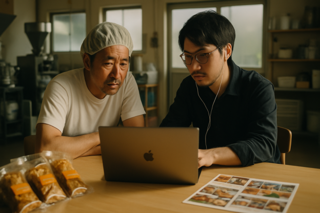 展示会に向けて会社紹介動画を確認する食品メーカーの担当者と制作者