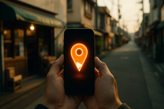 湘南の商店街で地図アプリを確認する人物の手元とスマートフォン