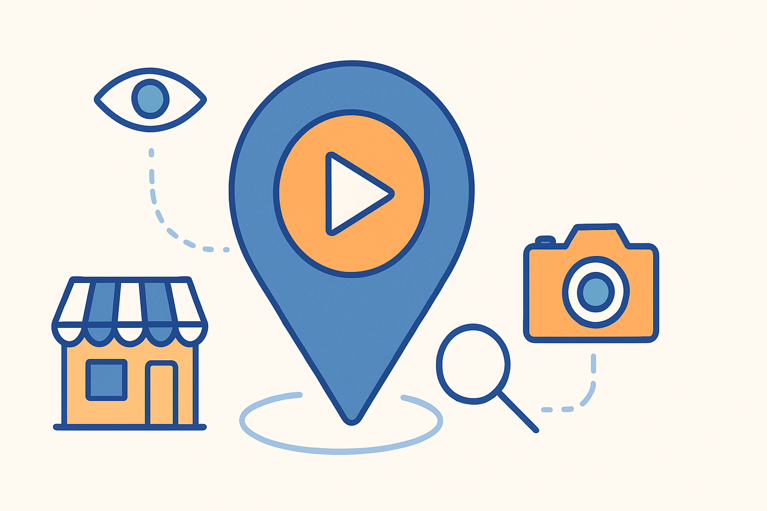 地図ピンと動画再生ボタンを組み合わせたMEO対策のフラットイラスト