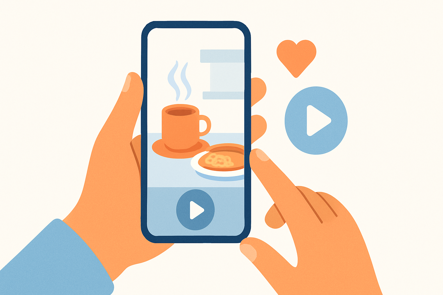 カフェのカウンターでスマートフォンを使いリール動画を撮影する図解