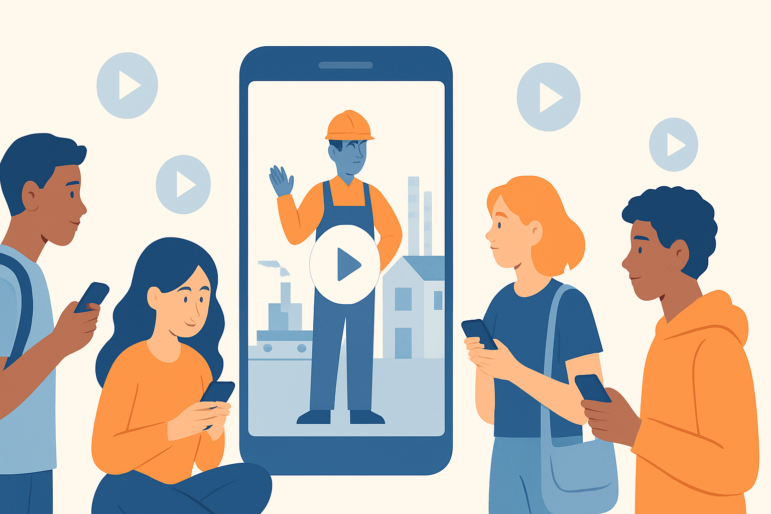 スマートフォンで採用動画を視聴する就活生たちの図解