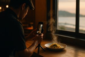 湘南の飲食店でスタッフがスマホでメニュー紹介動画を撮影する様子