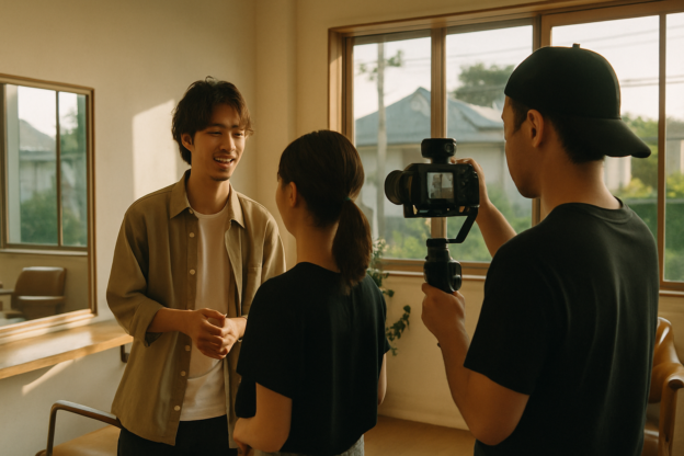 湘南の明るい美容室でスタッフを自然体で撮影する動画クルー