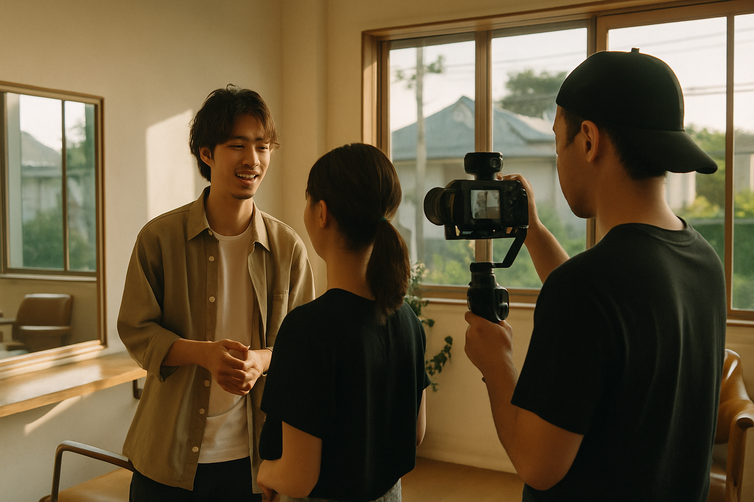 湘南の明るい美容室でスタッフを自然体で撮影する動画クルー