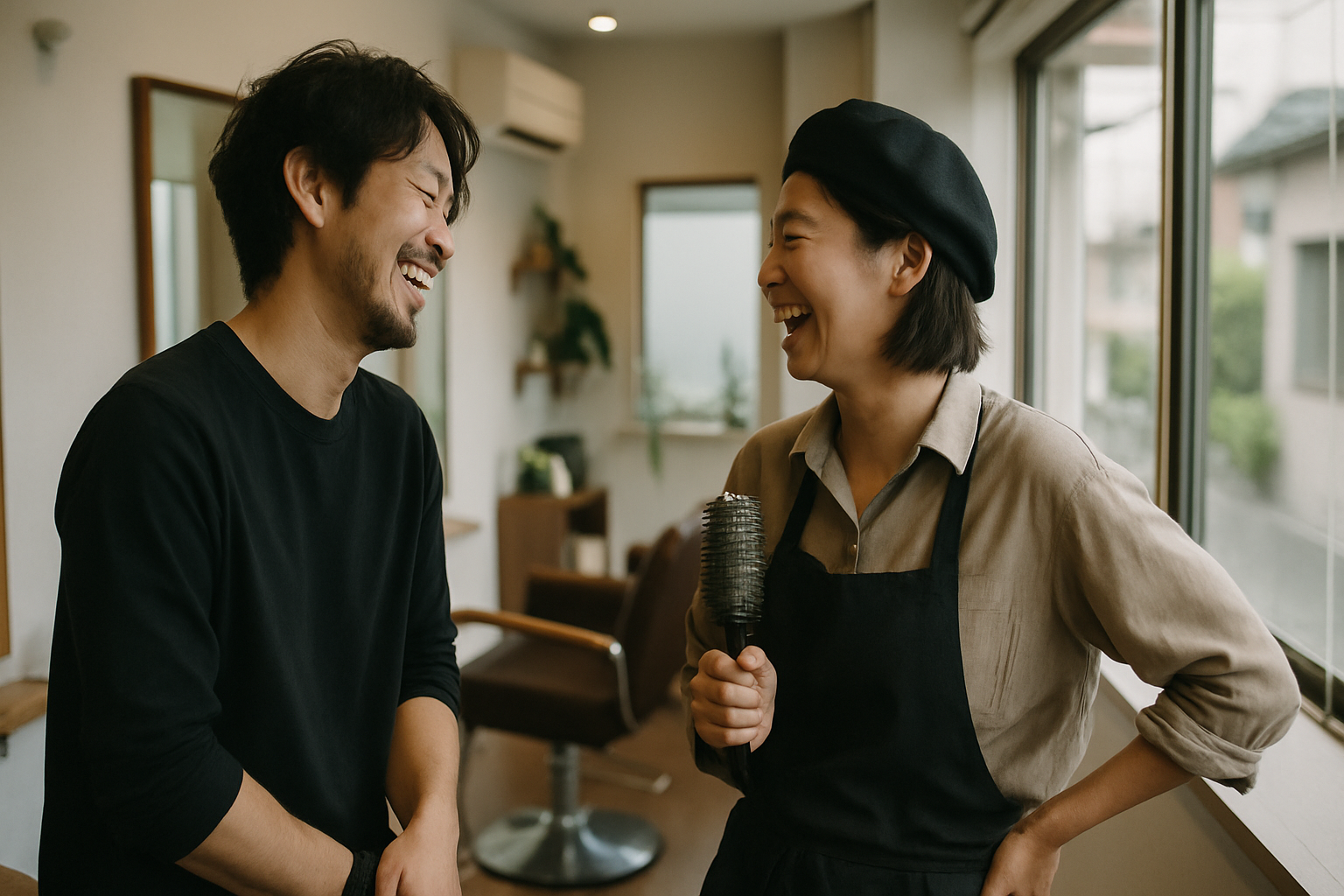 施術の合間に自然な笑顔で会話する美容室スタッフの様子
