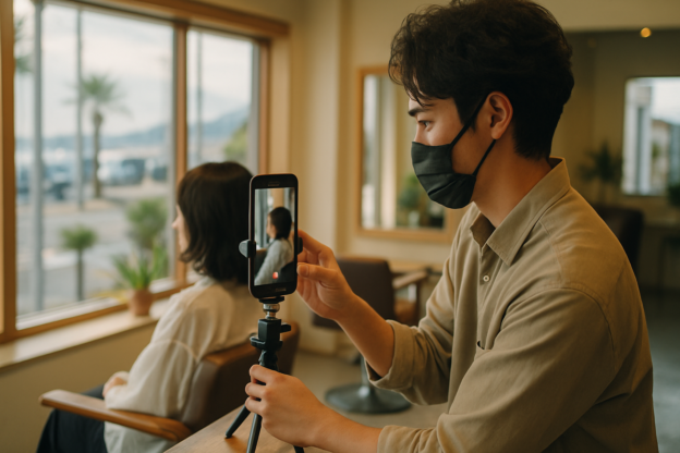 明るい美容室でスマホの縦動画を撮影する美容師