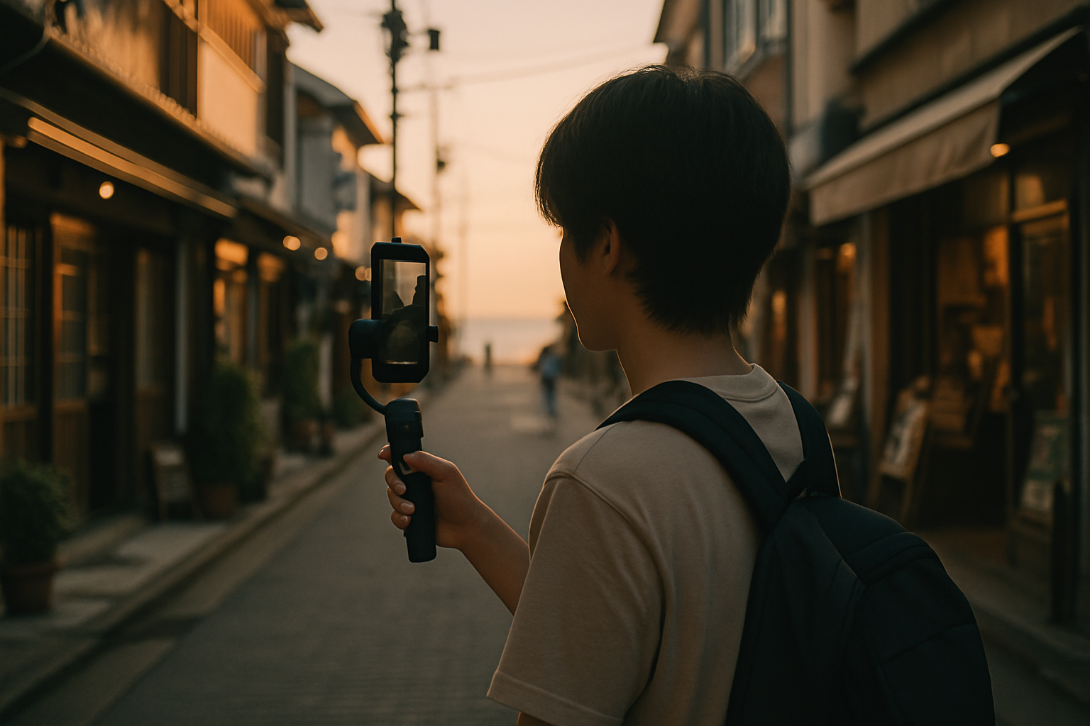 海辺の商店街でスマートフォンを使い縦型ショート動画を撮影するクリエイター