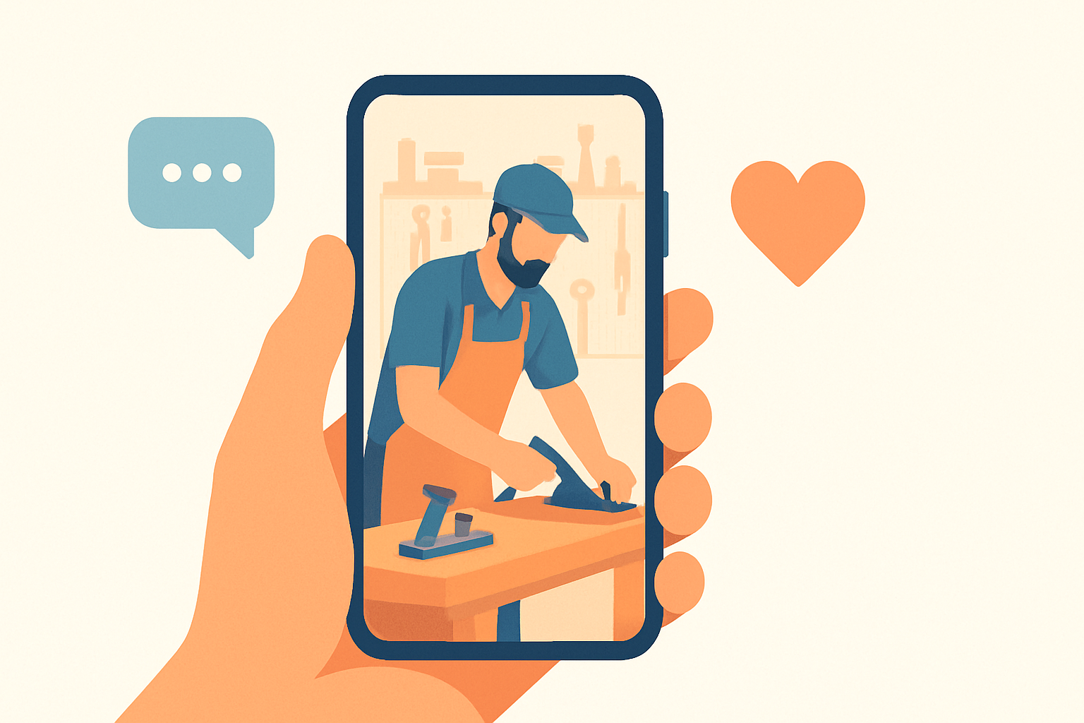工房で働く職人を自然体で撮影するスマートフォンと共感アイコンの図解