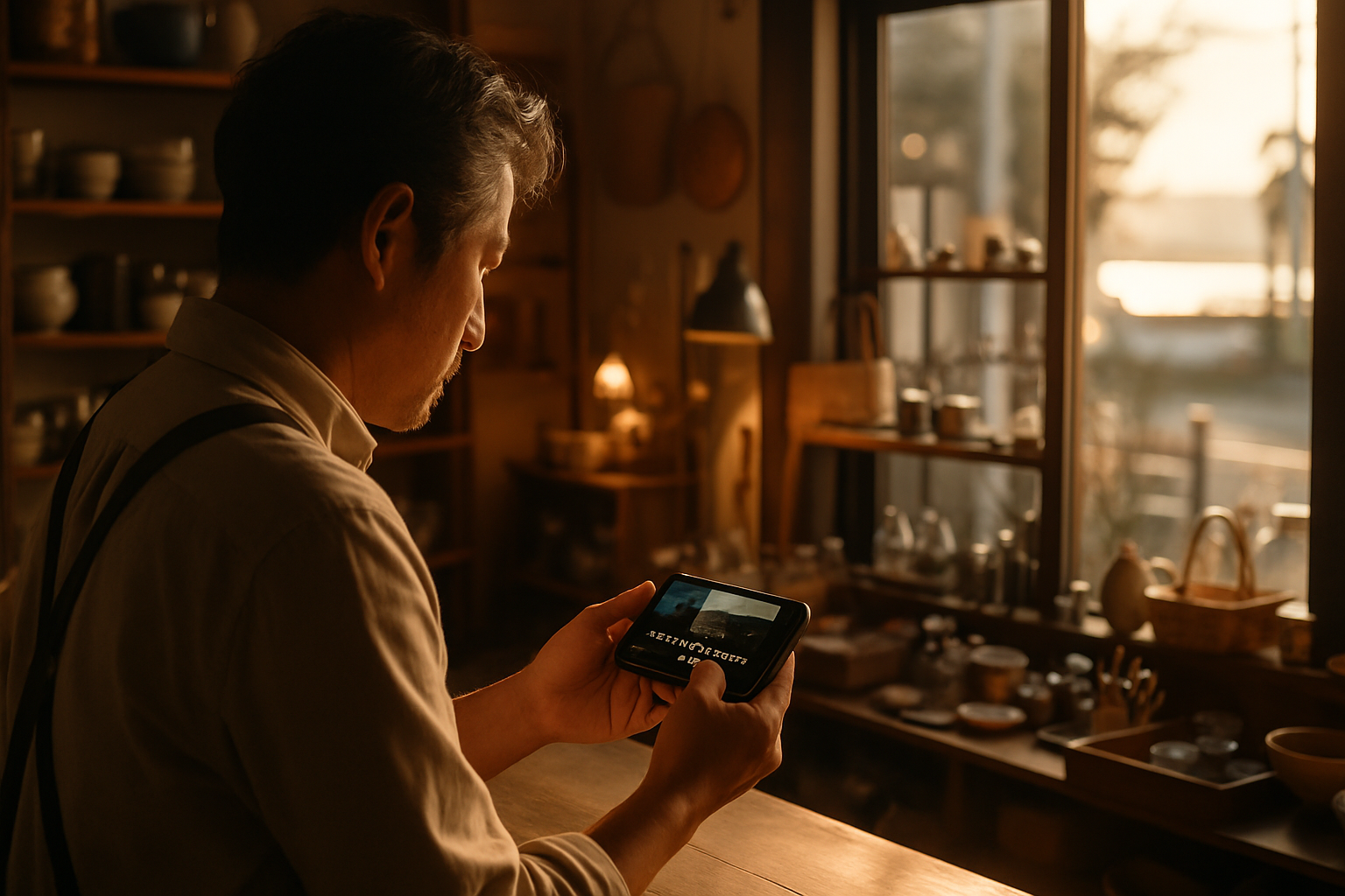 スマホで動画のタイムラインを確認する個人店の店主