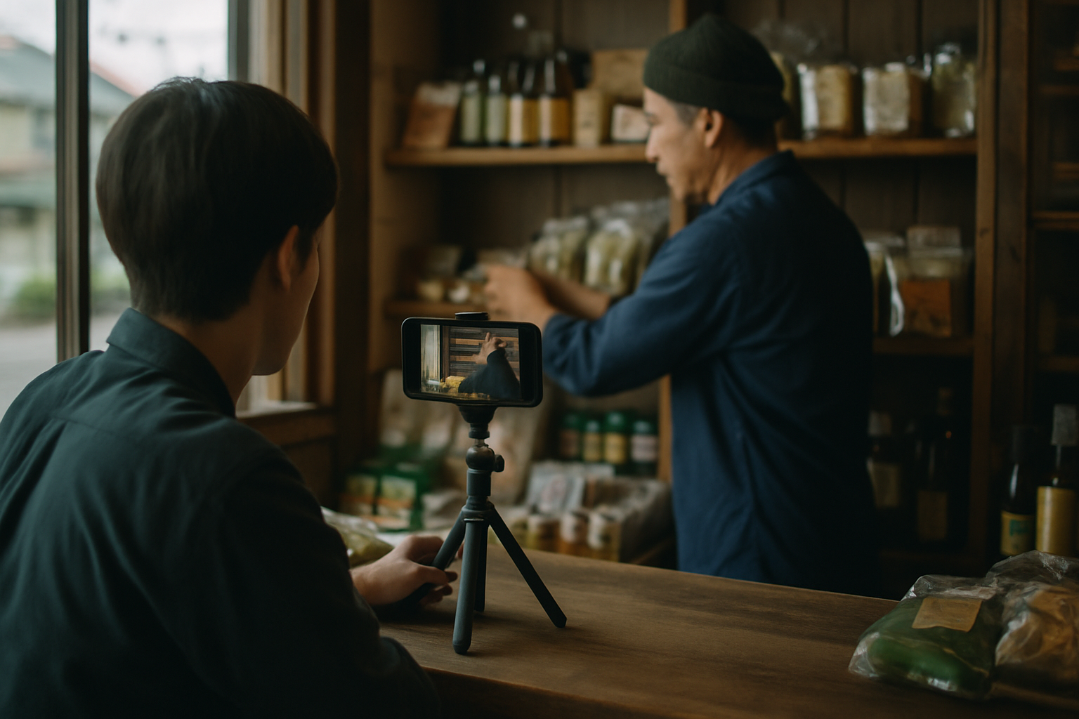 スマホと三脚で自然体の店内風景を撮影する様子