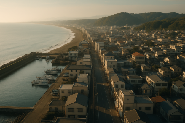 湘南の海岸沿いの町並みを俯瞰で捉えたドローン視点の風景