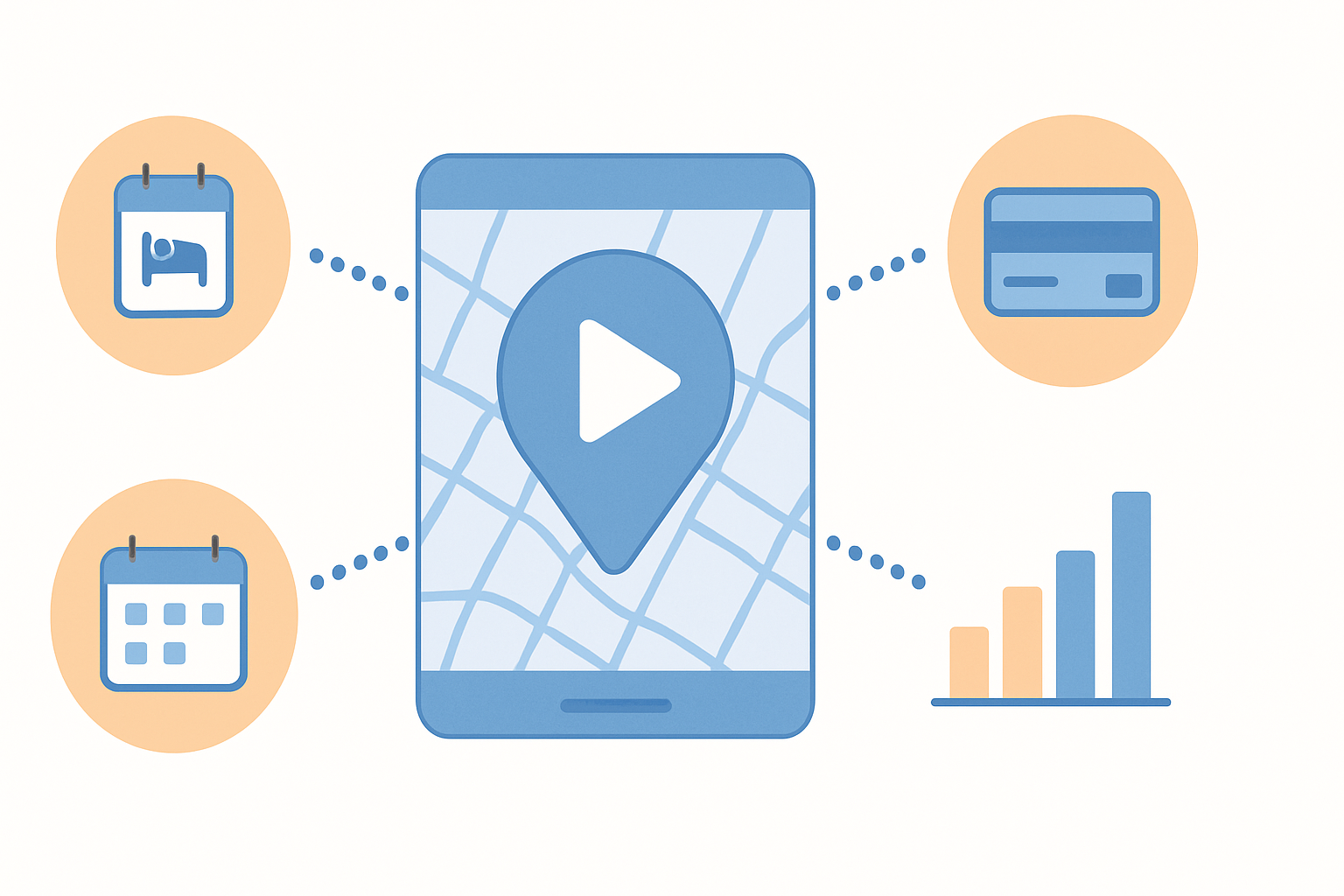 動画を起点に予約・データ活用へつながる観光DXの流れを示すフラットイラスト