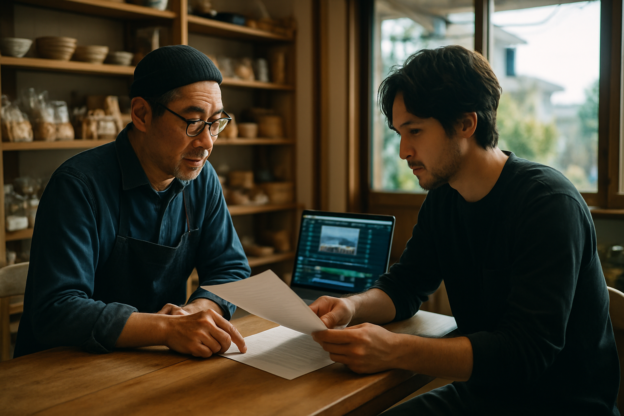 湘南の店舗で動画制作の契約書を確認する事業者と制作者