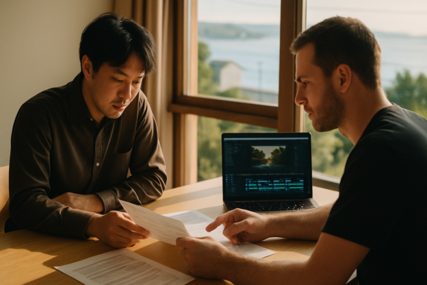 湘南の明るいオフィスで動画制作の提案書と補助金資料を確認する事業者と制作者