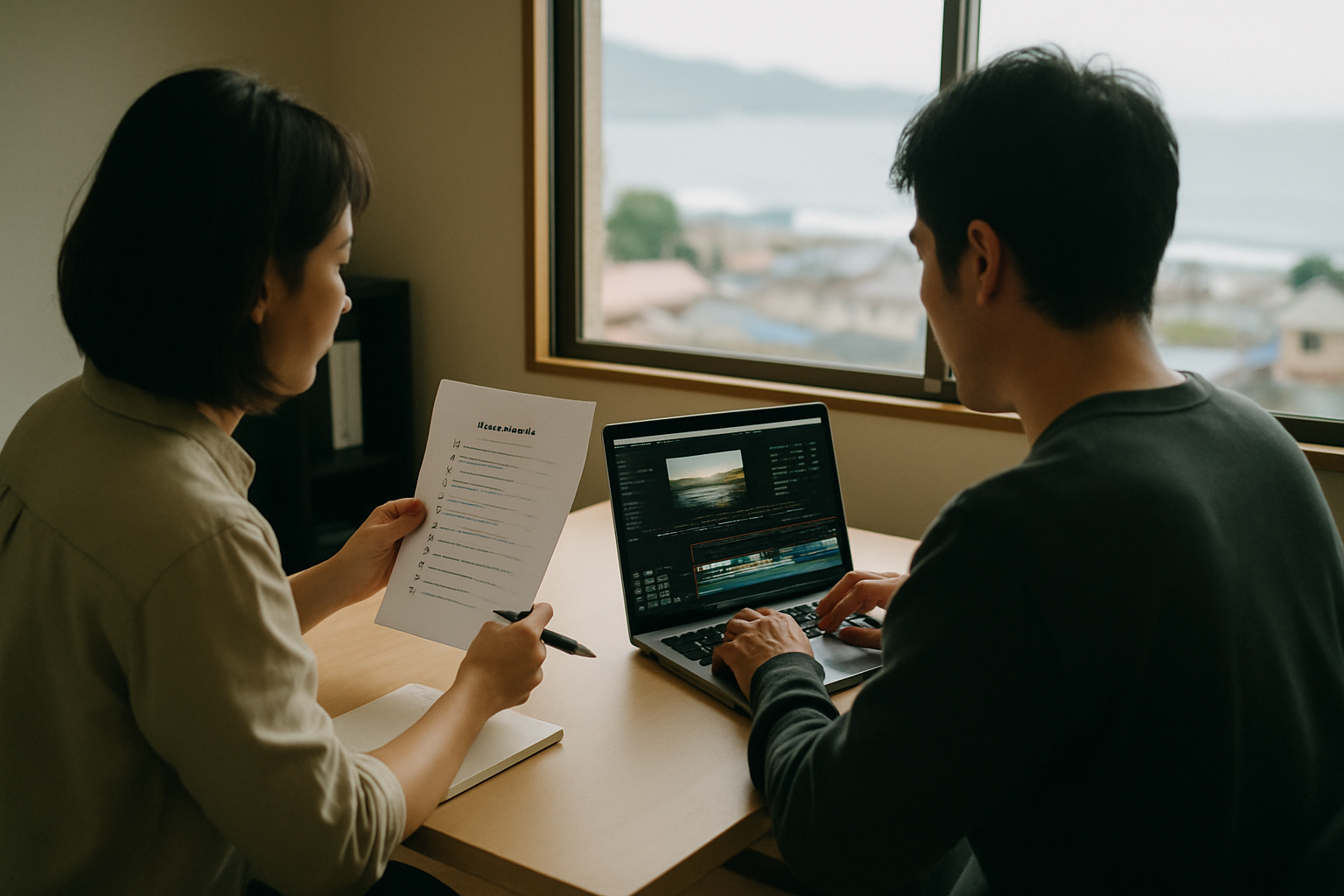 事業者と動画制作者がチェックリストを確認しながら打ち合わせする様子