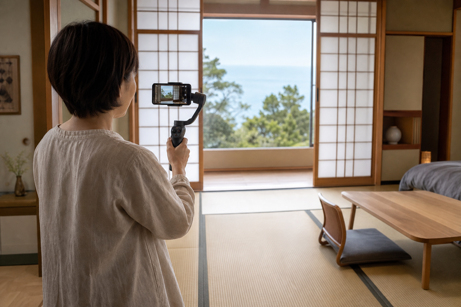 湘南の民宿でスタッフがスマートフォンとジンバルでルームツアー動画を撮影する様子
