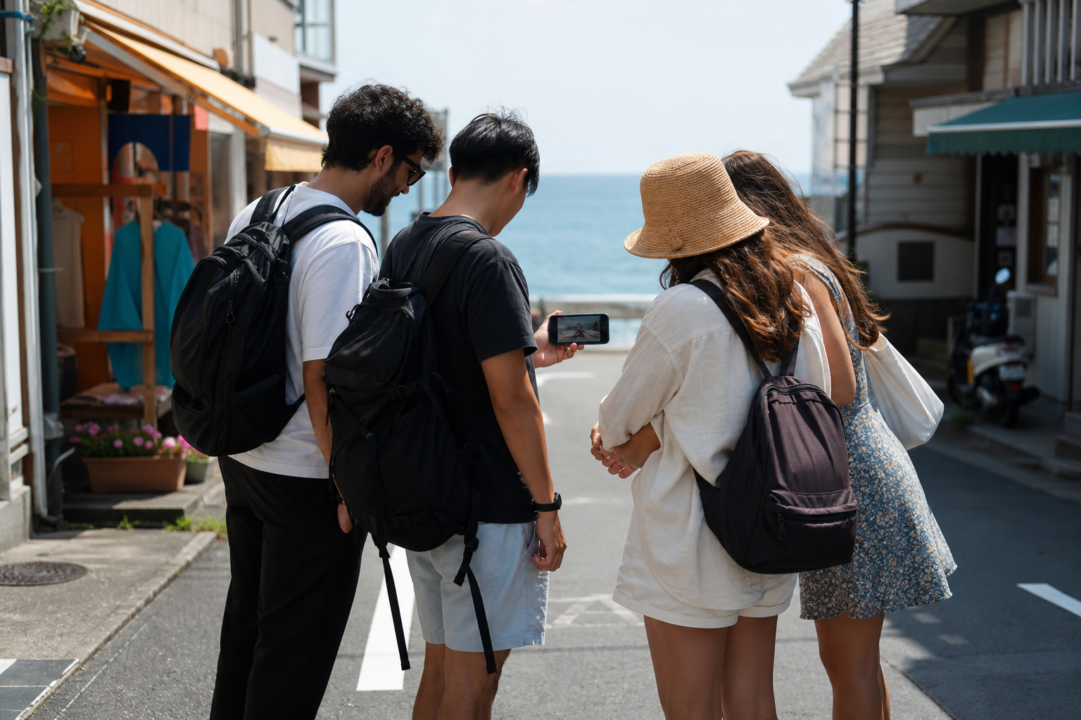 湘南の海沿いの商店街でスマートフォンの動画を見る外国人観光客