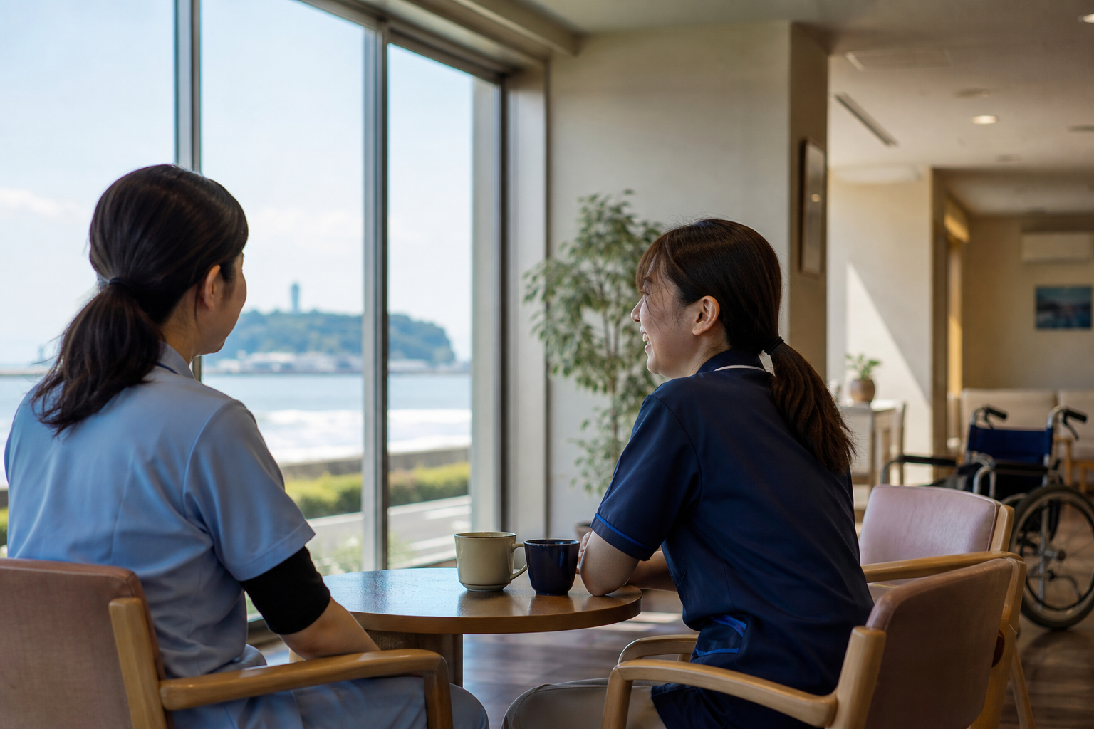 休憩中に会話する介護施設スタッフの様子