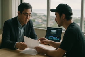 湘南の明るいオフィスで塾長と動画制作者が見積もり資料を確認する様子