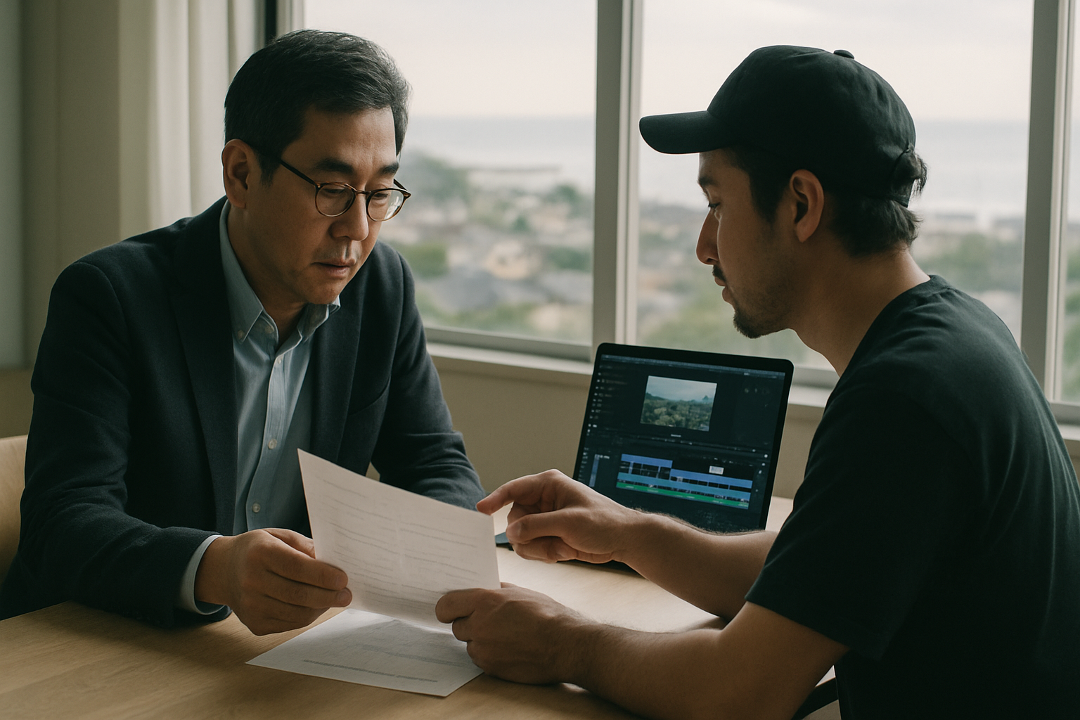 湘南の明るいオフィスで塾長と動画制作者が見積もり資料を確認する様子