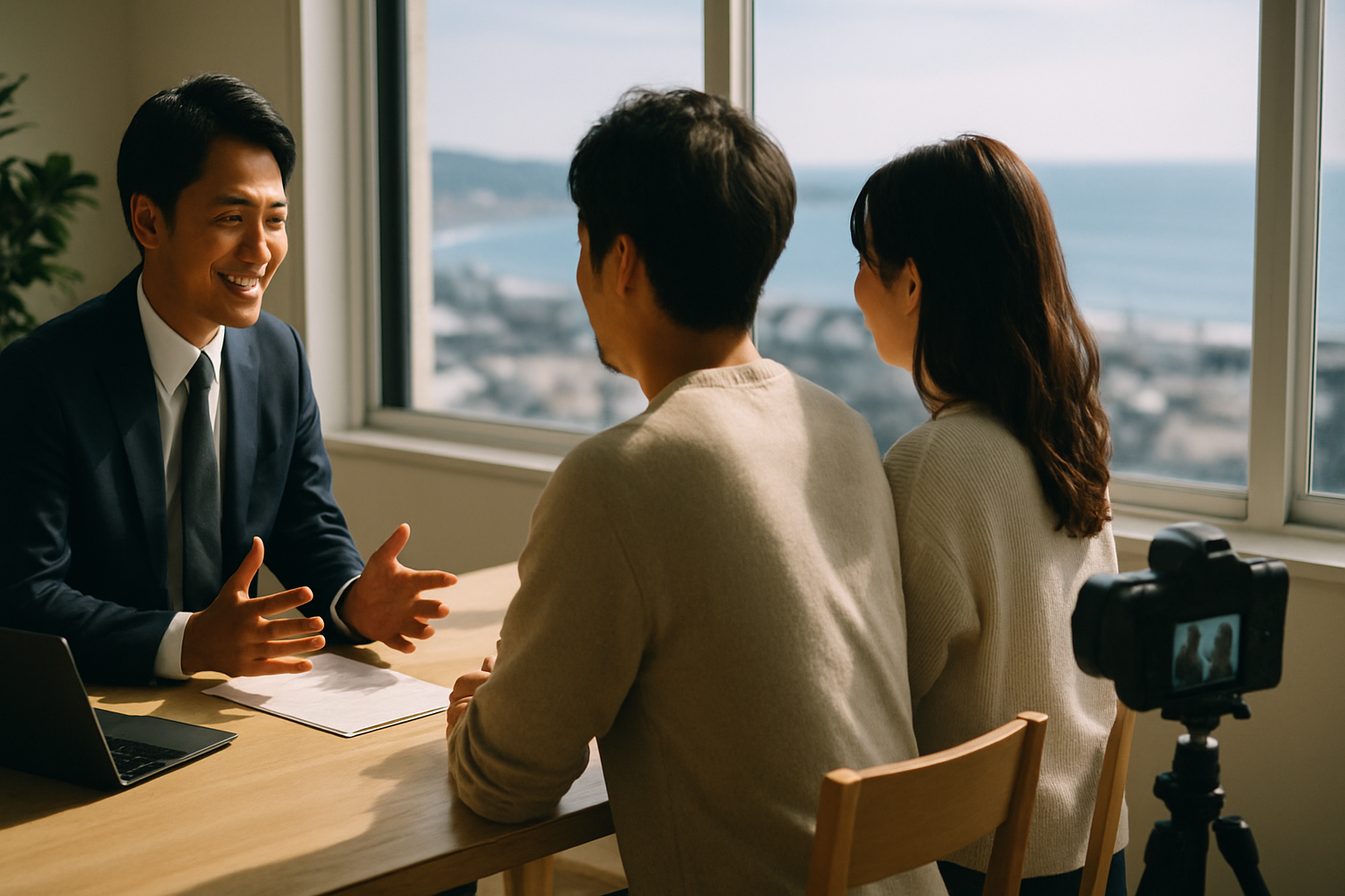 湘南の不動産会社でお客様の声を自然に語ってもらう様子を小型カメラで撮影している場面