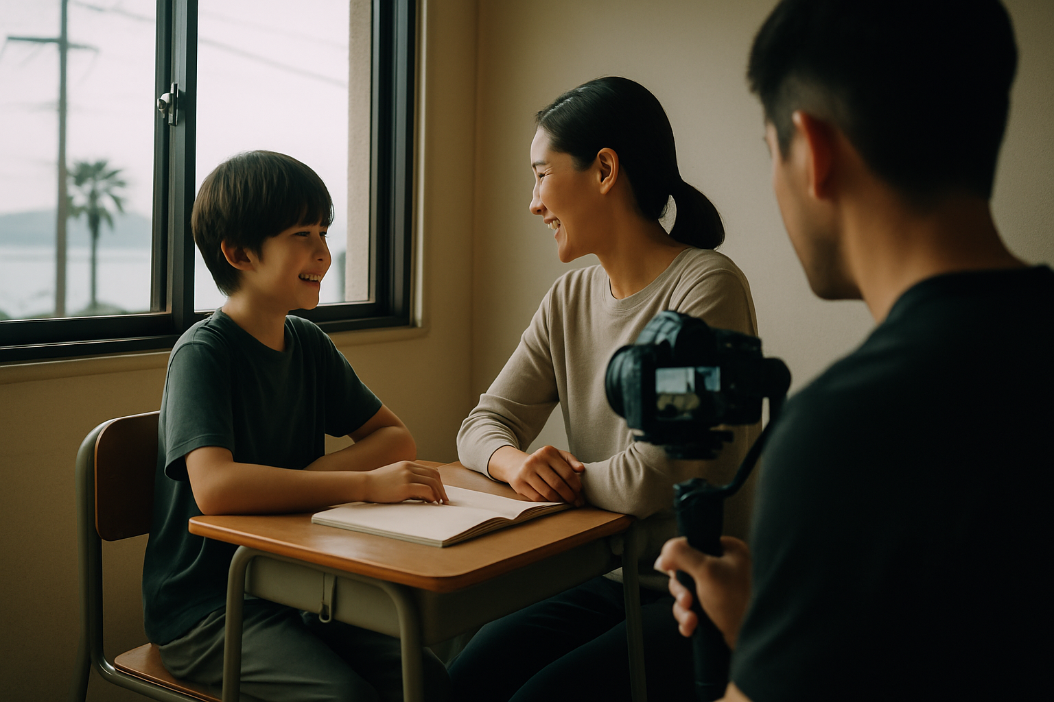学習塾で保護者と生徒が自然に話す様子をカメラを目立たせずに撮影する制作者