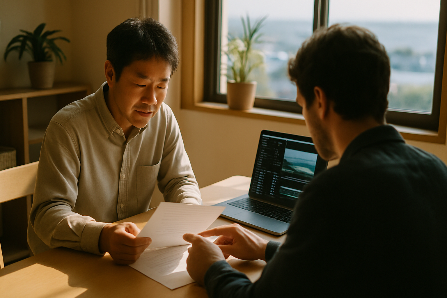 明るい打ち合わせテーブルで小規模事業者と動画制作者が提案書とノートパソコンの編集画面を確認している様子