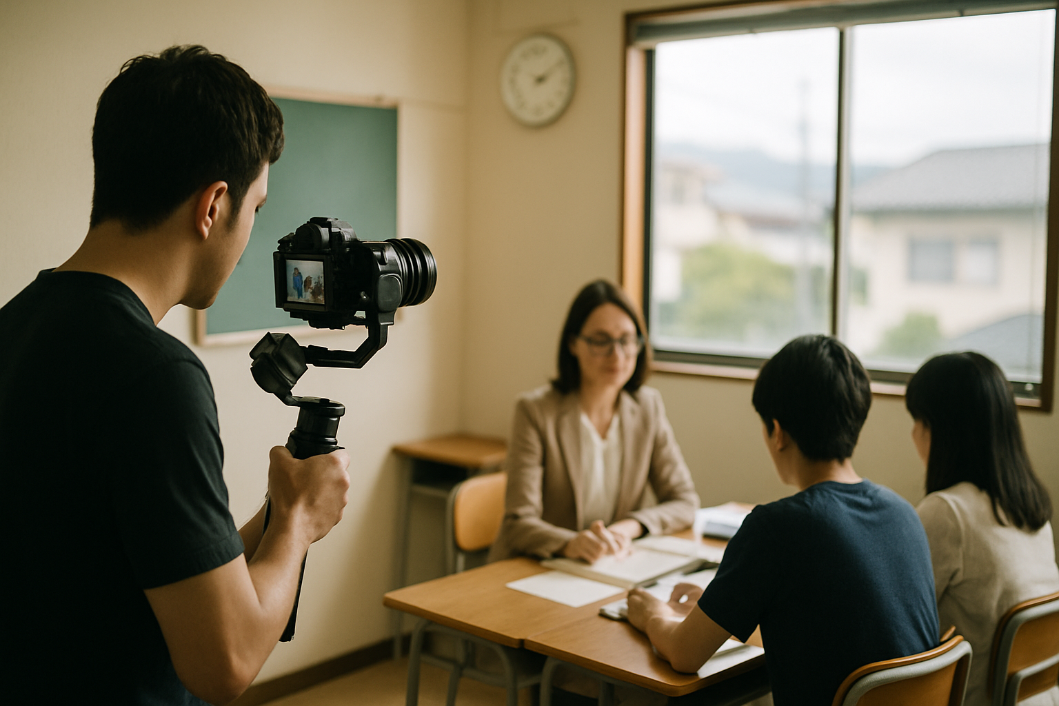 学習塾の教室で目立たない場所からジンバルカメラで自然な授業風景を撮影する様子