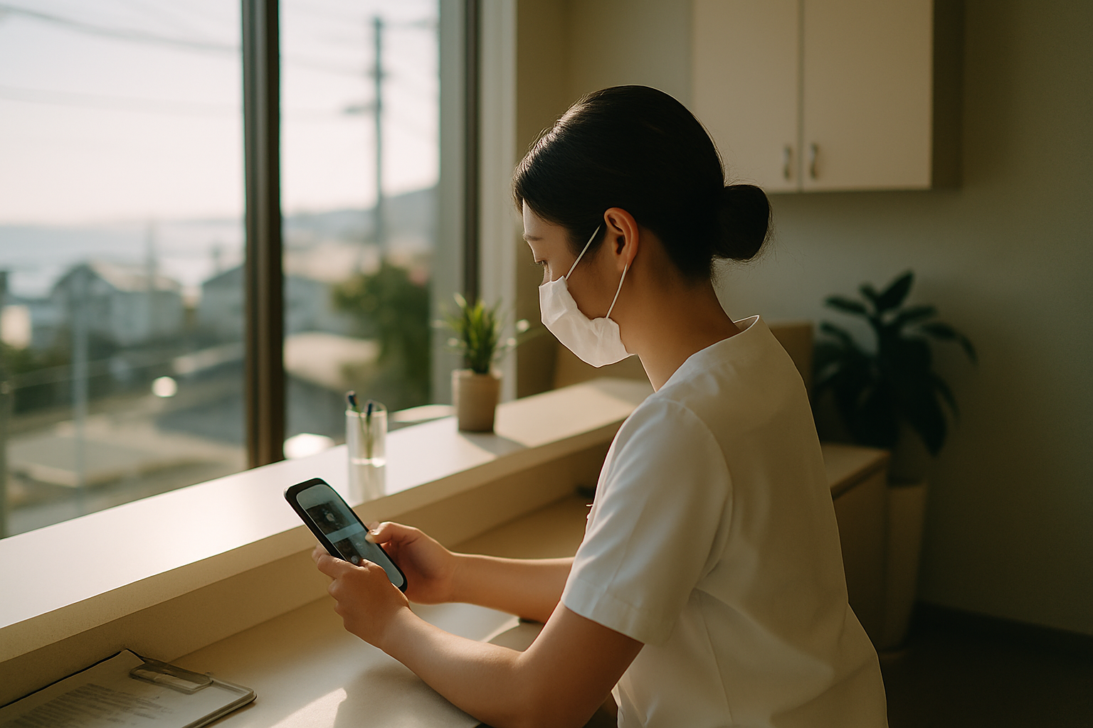 湘南の治療院でスタッフがSNS投稿を落ち着いて見直している様子