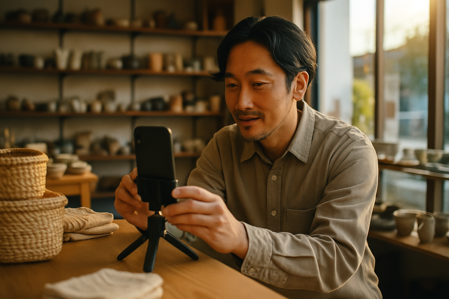 湘南の雑貨店で店主がスマートフォンとミニ三脚を使い商品陳列を撮影している様子