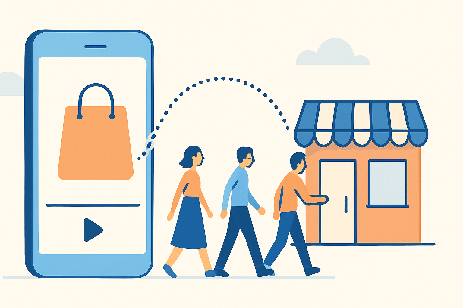 スマートフォンの動画から来店・購入につながる流れを示すフラットイラスト
