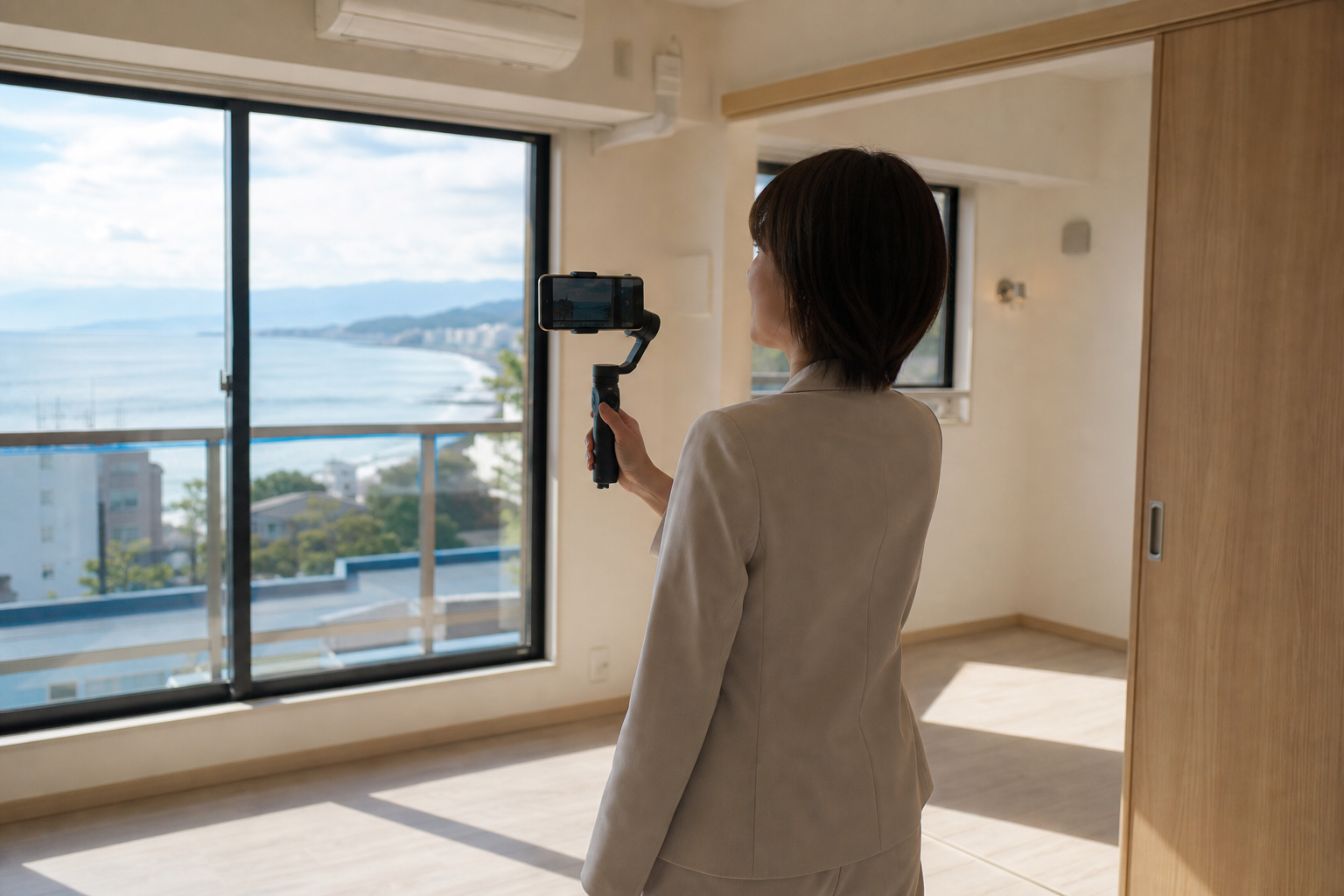 湘南の賃貸物件でスタッフがスマートフォンとジンバルでルームツアー動画を撮影する様子