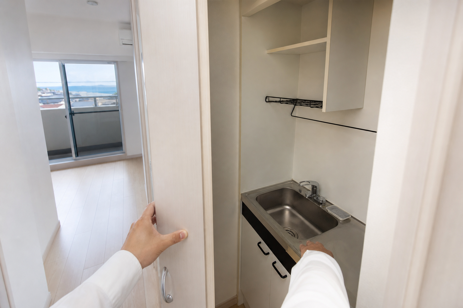 賃貸物件の室内で収納や水回りの扉を開けながら生活動線を撮影する手元のクローズアップ