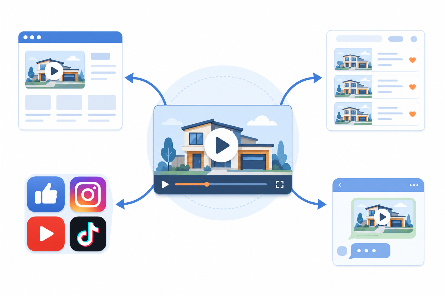 1本の物件動画が自社サイト・ポータルサイト・SNS・LINEへ展開されていく様子を表すフラットイラスト