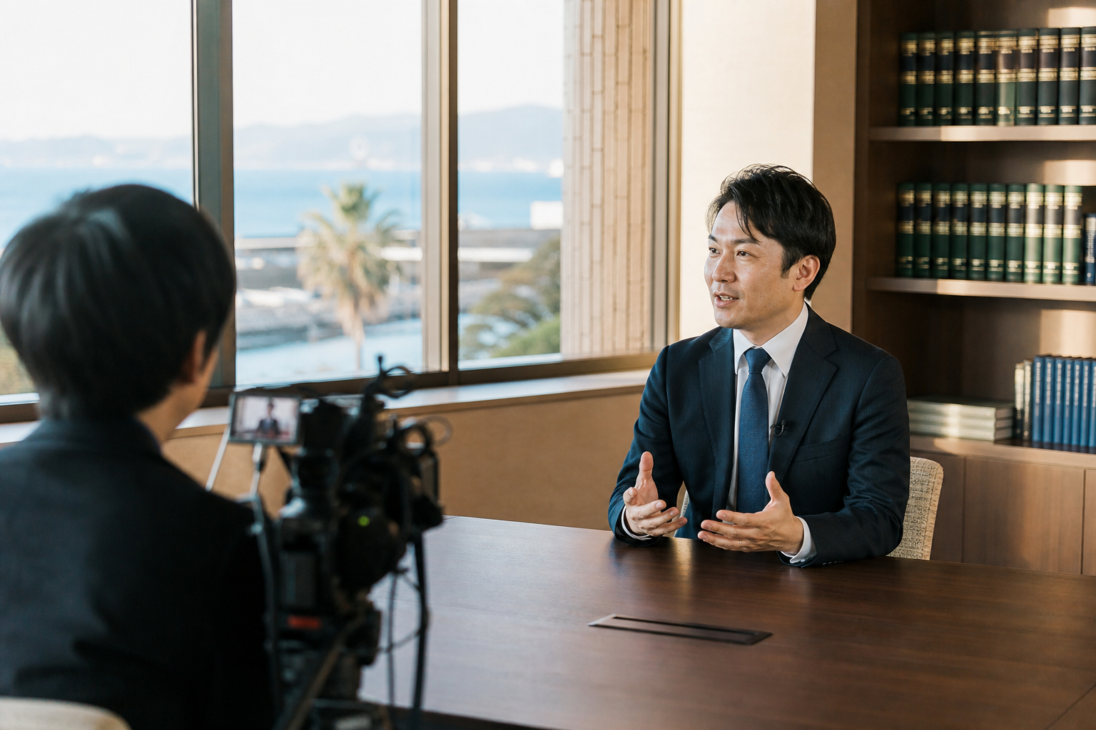 湘南のオフィスで士業の専門家がインタビュー撮影を受ける様子