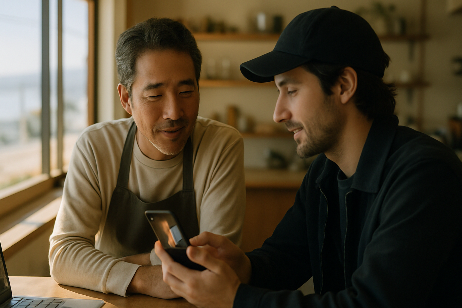 湘南の店舗でスマートフォンの動画を確認しながら打ち合わせをする事業者と制作者