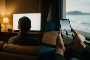 テレビを見る年配の人物とスマートフォンで動画を見る若い人物の対比、湘南の海辺の光