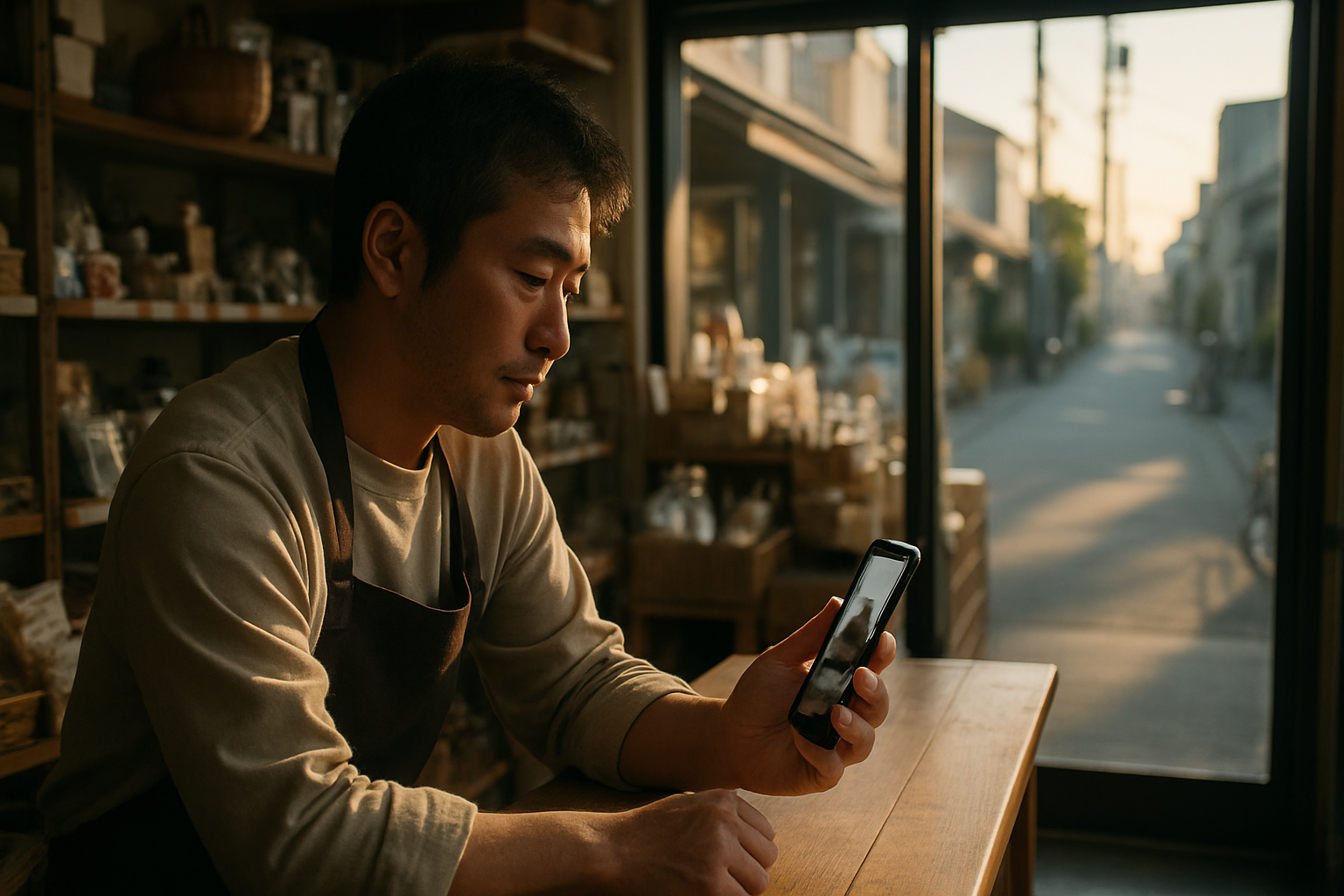 湘南の雑貨店オーナーがスマートフォンで動画広告の効果を確認している様子