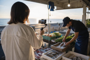 湘南の直売所でスマートフォンを構えて撮影する発信者と地魚を並べる店主