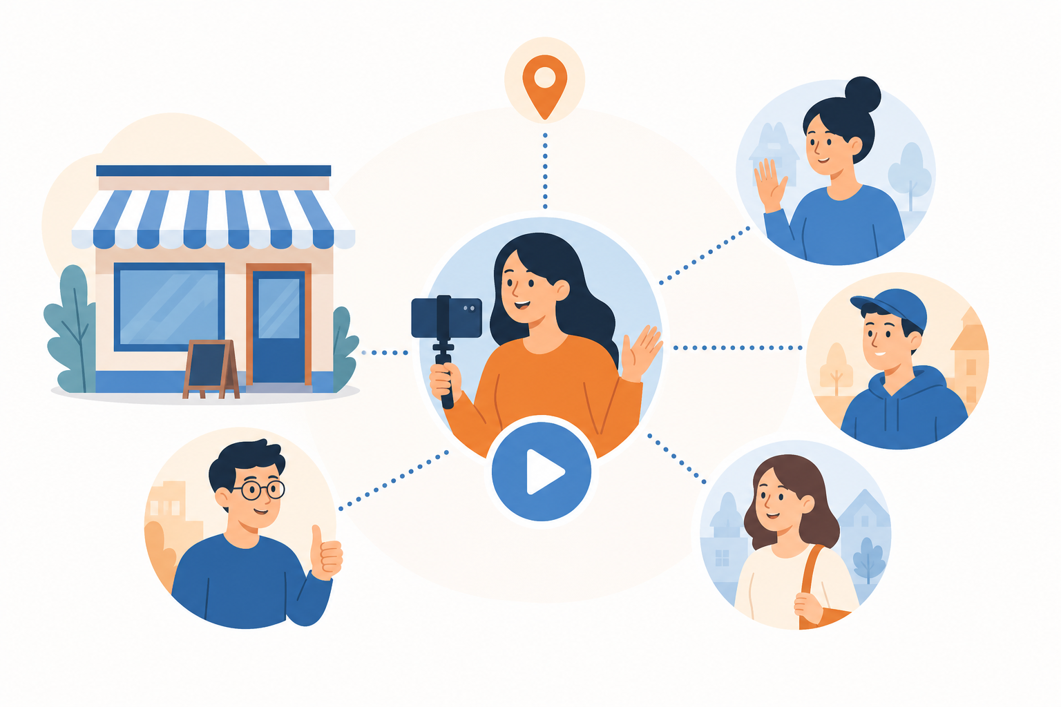 小さな店舗と地域の人々をつなぐマイクロインフルエンサーのイメージ図解