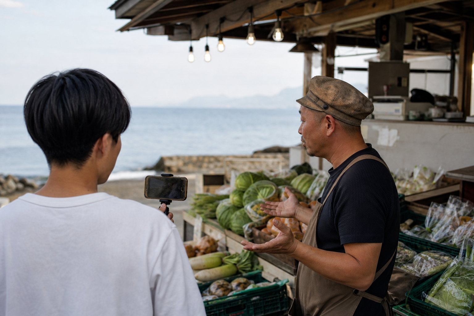 湘南の直売所で店主と自然な会話を撮影する発信者