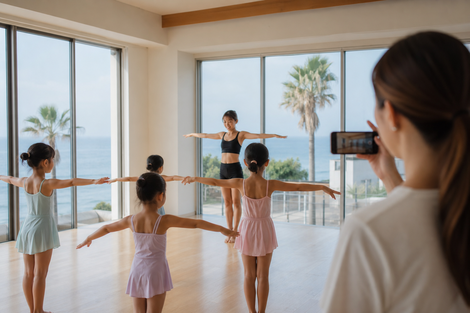 湘南の海が見えるスタジオでダンスレッスンを受ける子どもたちとスマートフォンで撮影する保護者
