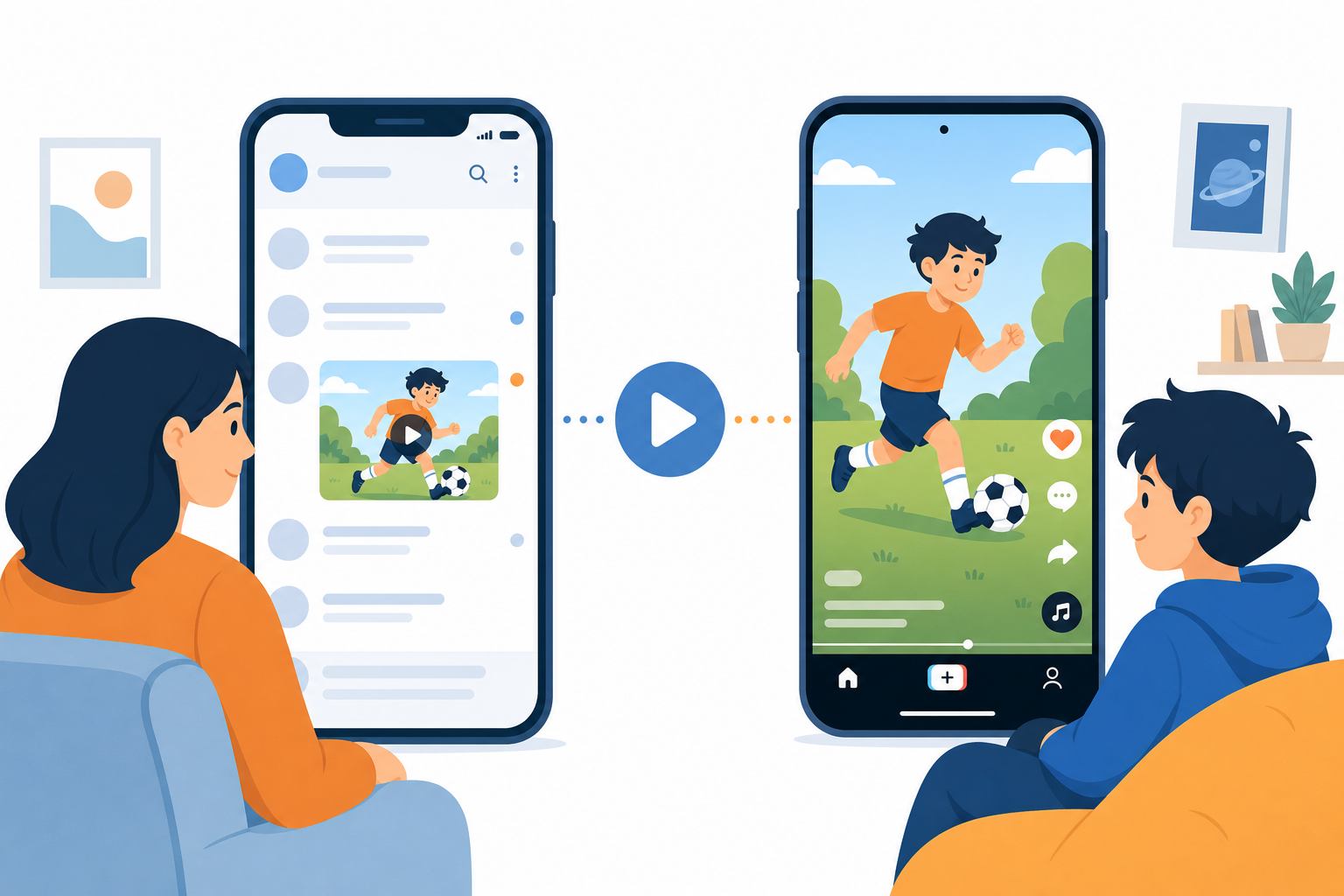保護者と子どもがそれぞれ異なるSNSで動画を見比べているイメージ図解