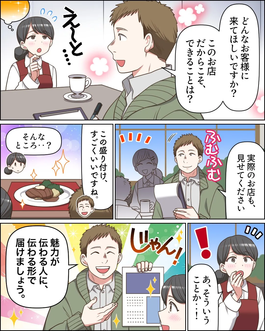 漫画2ページ目。担当者が、どんなお客さんに来てほしいか、このお店だからこそできることは何かを聞き、実際のお店や盛り付けを見て、魅力が伝わる人に伝わる形で届けようと提案する。