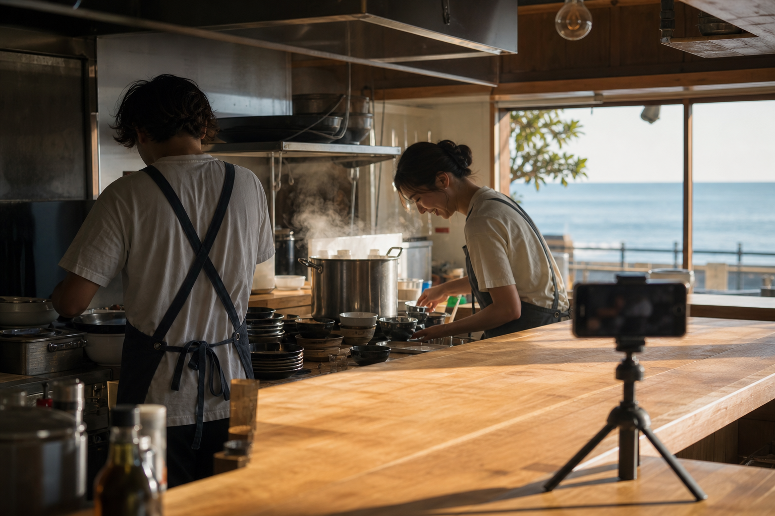 開店前の海沿いの飲食店で、カウンターに置いたスマートフォンが準備をするスタッフを撮影している様子