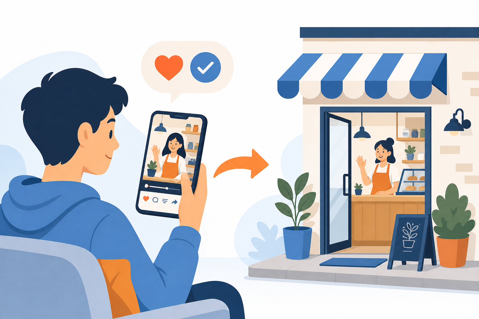 スマートフォンで職場の雰囲気が分かる動画を見て、お店に応募しようとする人を表したイラスト