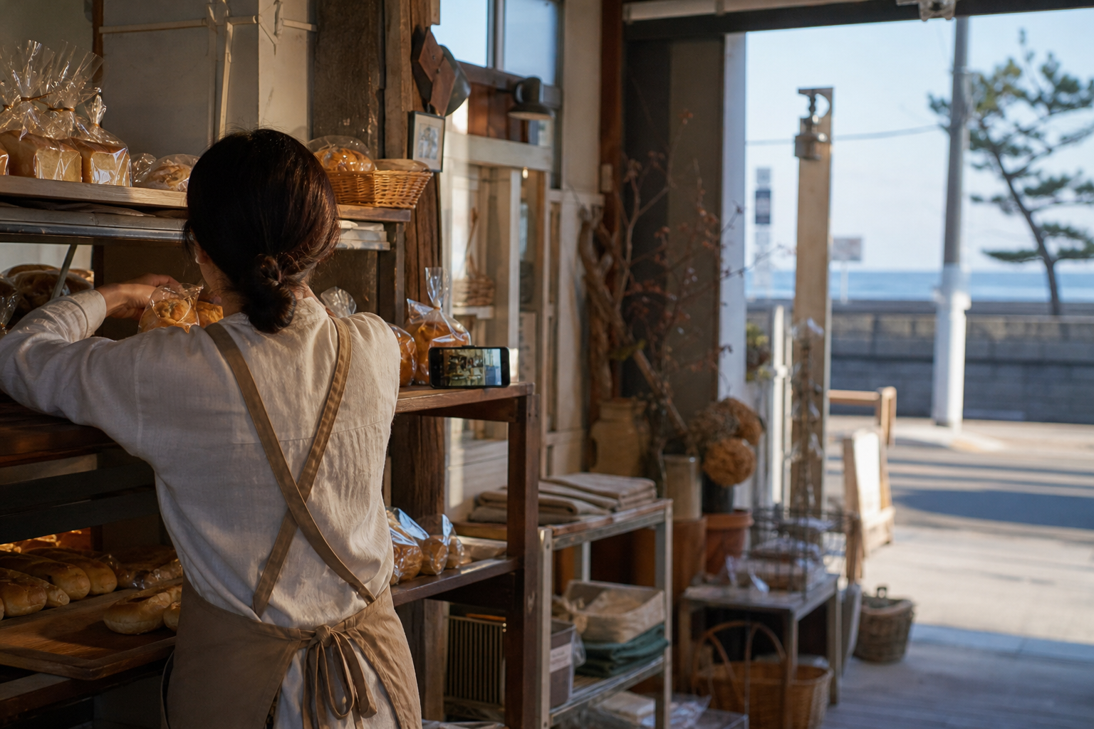 海沿いのパン屋で棚にパンを並べるスタッフの後ろ姿と、目立たない場所に置かれたスマートフォン